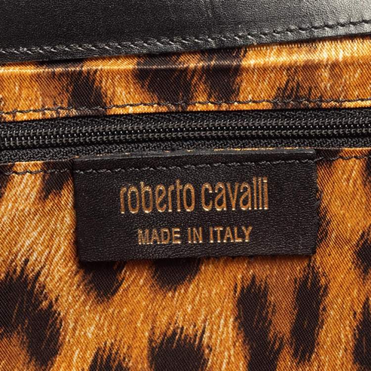 Pre Owned Roberto Cavalli Black Sequins and Leather Logo Flap Clutch