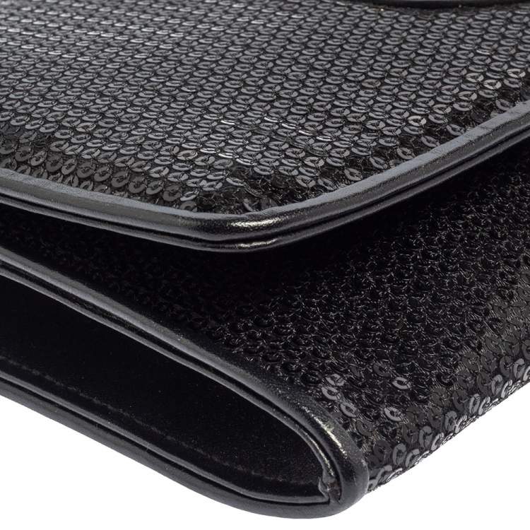 Pre Owned Roberto Cavalli Black Sequins and Leather Logo Flap Clutch