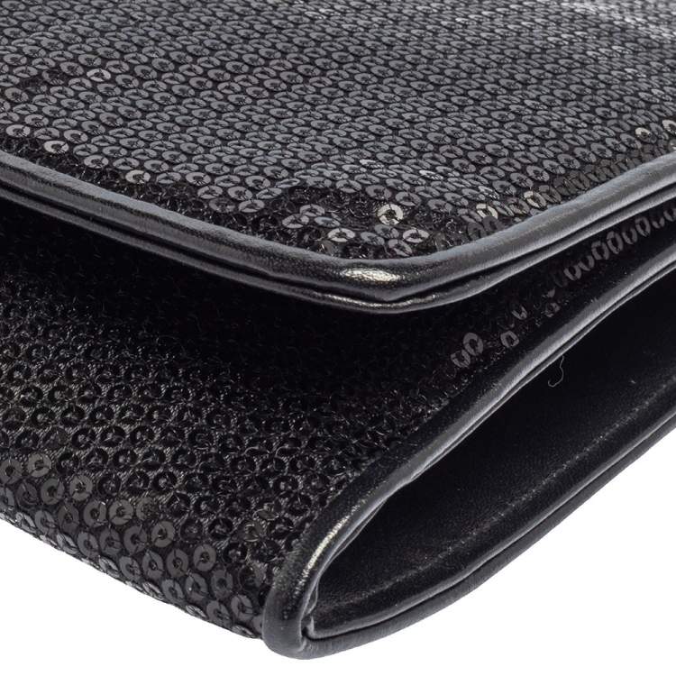 Pre Owned Roberto Cavalli Black Sequins and Leather Logo Flap Clutch