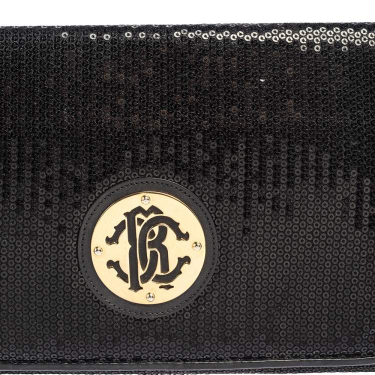 Pre Owned Roberto Cavalli Black Sequins and Leather Logo Flap Clutch