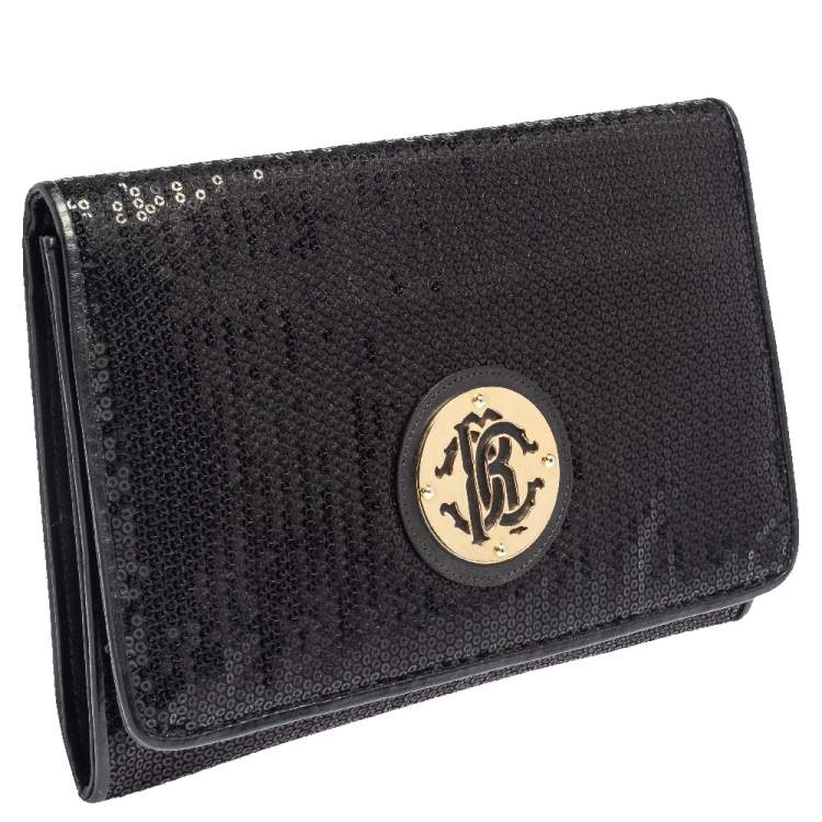 Pre Owned Roberto Cavalli Black Sequins and Leather Logo Flap Clutch