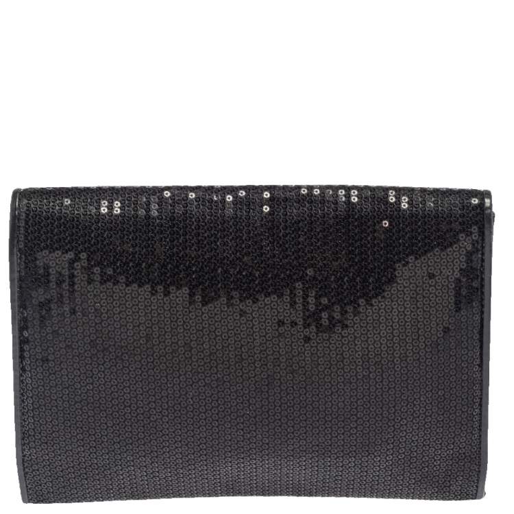 Pre Owned Roberto Cavalli Black Sequins and Leather Logo Flap Clutch