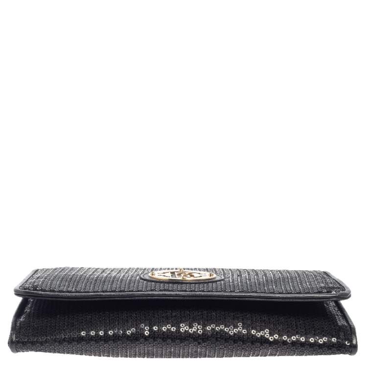 Pre Owned Roberto Cavalli Black Sequins and Leather Logo Flap Clutch