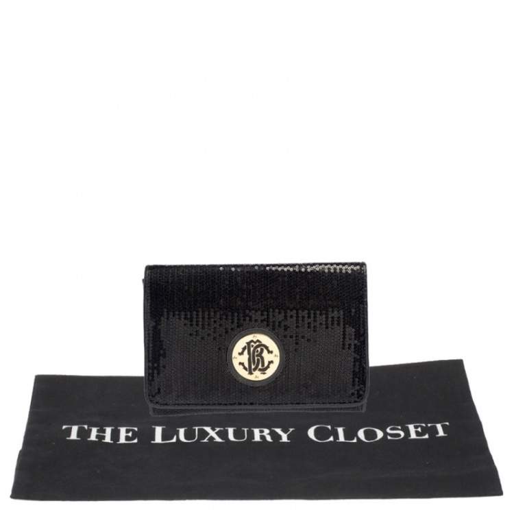 Pre Owned Roberto Cavalli Black Sequins and Leather Logo Flap Clutch