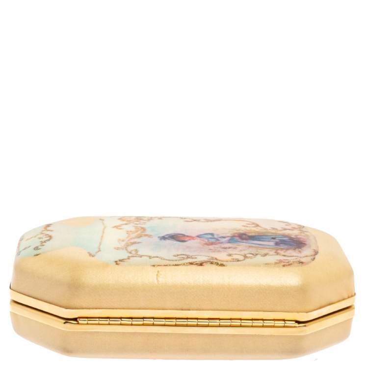 Pre Owned Roberto Cavalli Beige Satin 18th Century Porcelain Print Chain Clutch