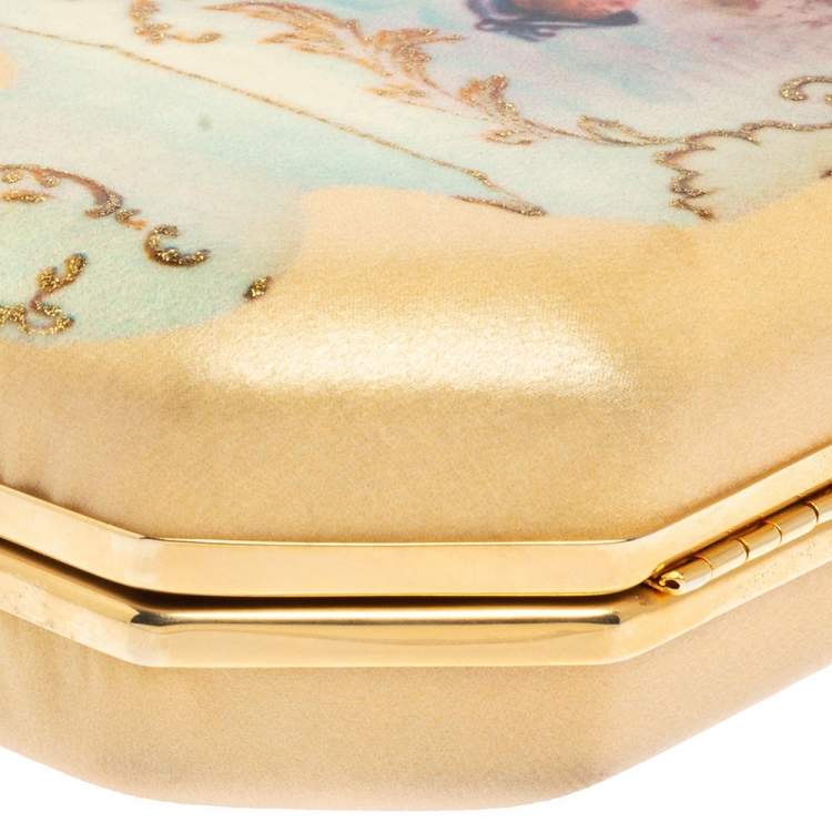 Pre Owned Roberto Cavalli Beige Satin 18th Century Porcelain Print Chain Clutch