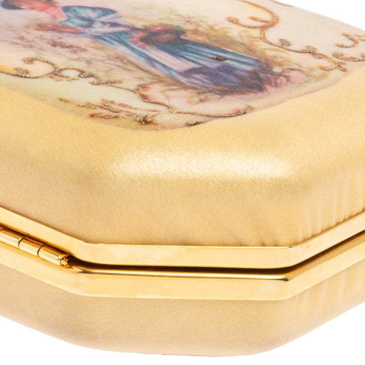 Pre Owned Roberto Cavalli Beige Satin 18th Century Porcelain Print Chain Clutch