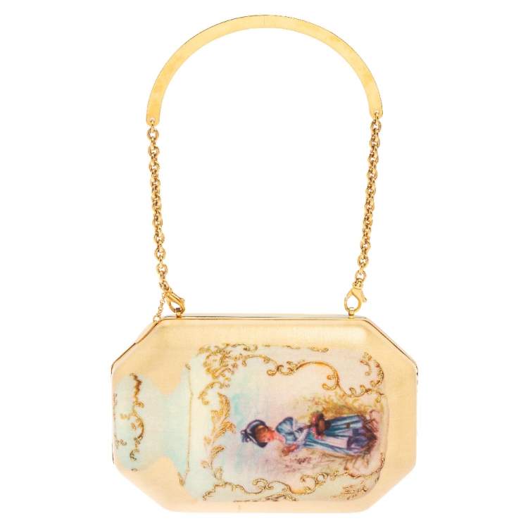 Pre Owned Roberto Cavalli Beige Satin 18th Century Porcelain Print Chain Clutch