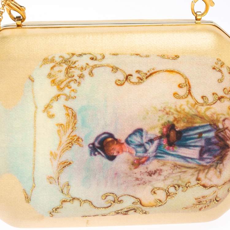 Pre Owned Roberto Cavalli Beige Satin 18th Century Porcelain Print Chain Clutch
