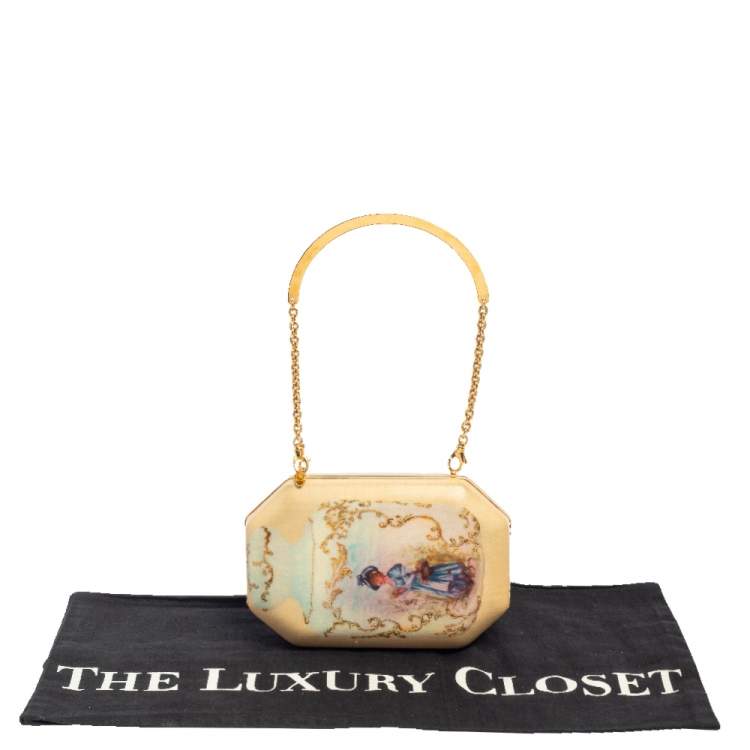 Pre Owned Roberto Cavalli Beige Satin 18th Century Porcelain Print Chain Clutch