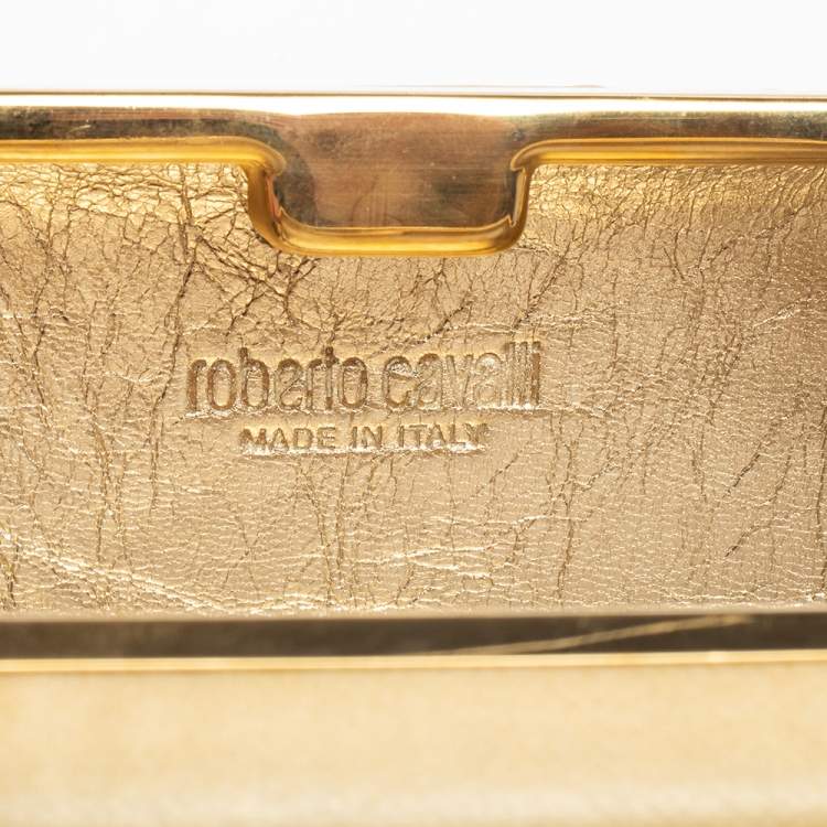 Pre Owned Roberto Cavalli Beige Satin 18th Century Porcelain Print Chain Clutch