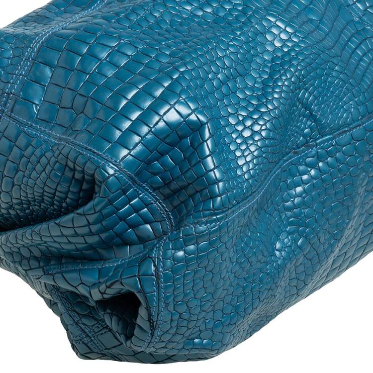 Pre Owned Roberto Cavalli Blue/White Croc Embossed Leather Hobo 