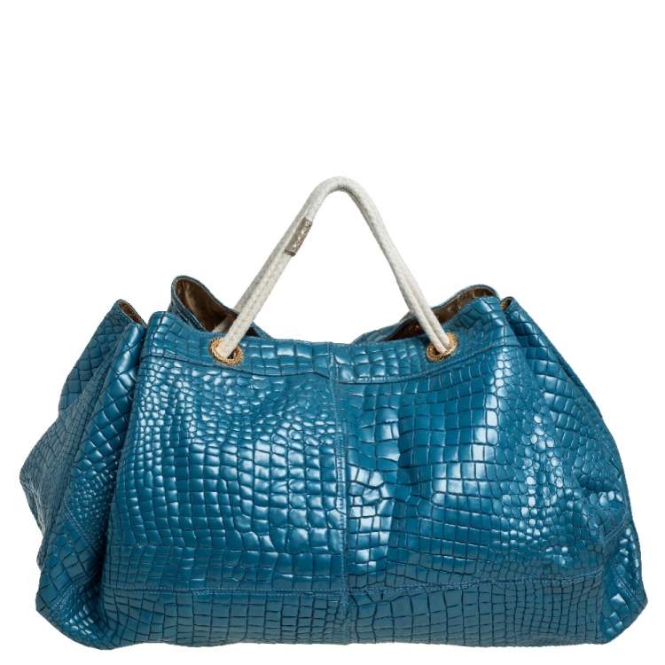Pre Owned Roberto Cavalli Blue/White Croc Embossed Leather Hobo 