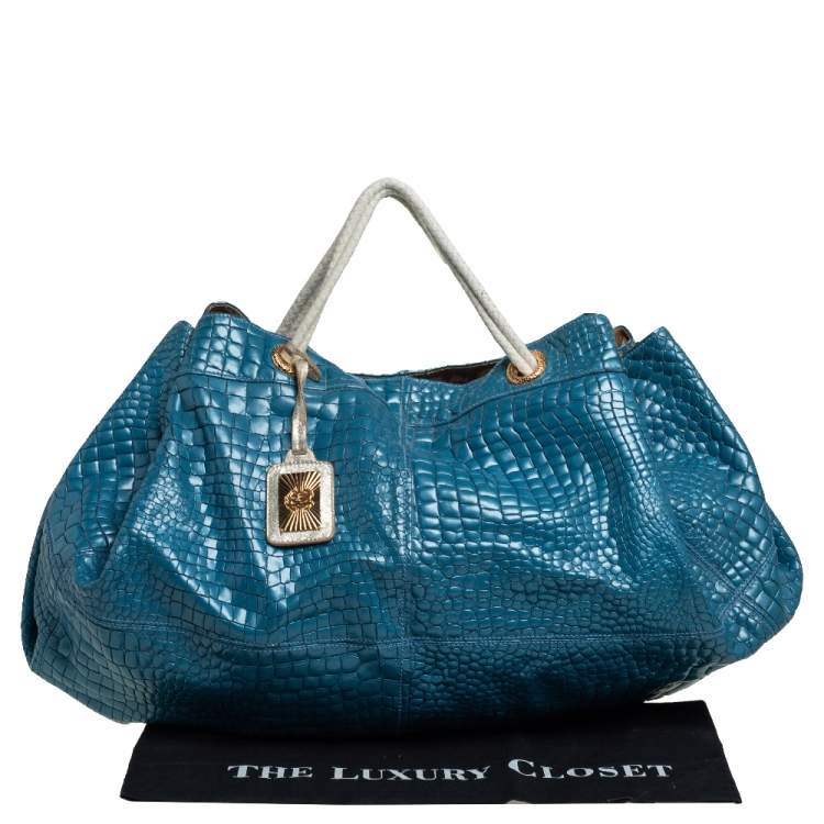 Pre Owned Roberto Cavalli Blue/White Croc Embossed Leather Hobo 