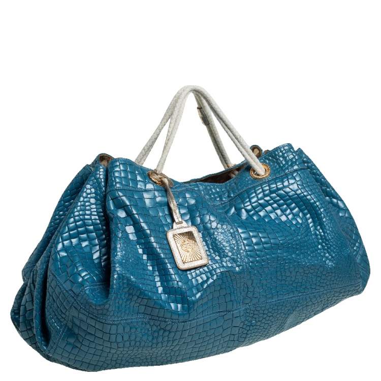Pre Owned Roberto Cavalli Blue/White Croc Embossed Leather Hobo 