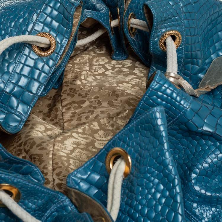 Pre Owned Roberto Cavalli Blue/White Croc Embossed Leather Hobo 