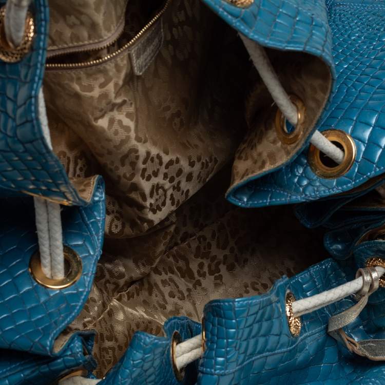 Pre Owned Roberto Cavalli Blue/White Croc Embossed Leather Hobo 