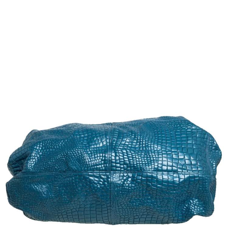 Pre Owned Roberto Cavalli Blue/White Croc Embossed Leather Hobo 