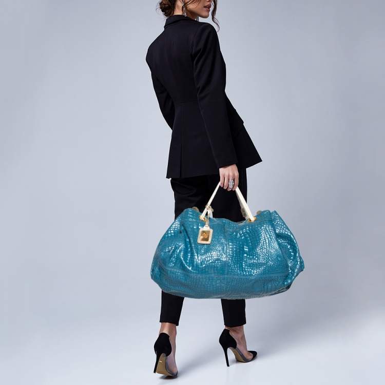Pre Owned Roberto Cavalli Blue/White Croc Embossed Leather Hobo 