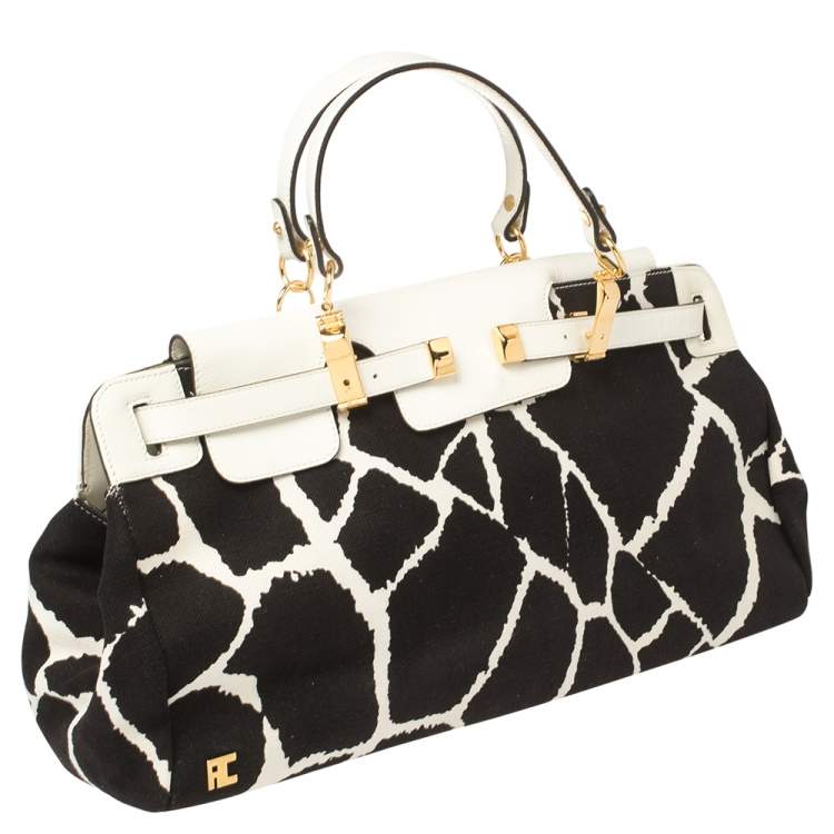 Pre Owned Roberto Cavalli Black/White Printed Canvas and Leather Satchel