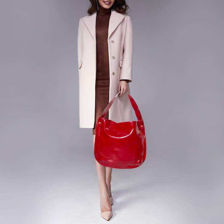 Pre Owned Roberto Cavalli Red Patent Leather Logo Hobo