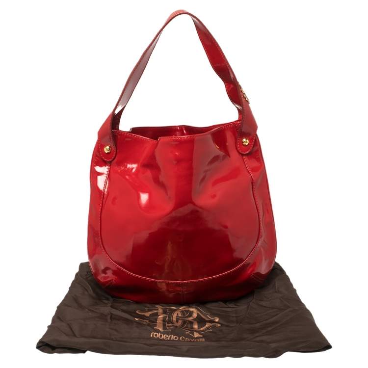 Pre Owned Roberto Cavalli Red Patent Leather Logo Hobo