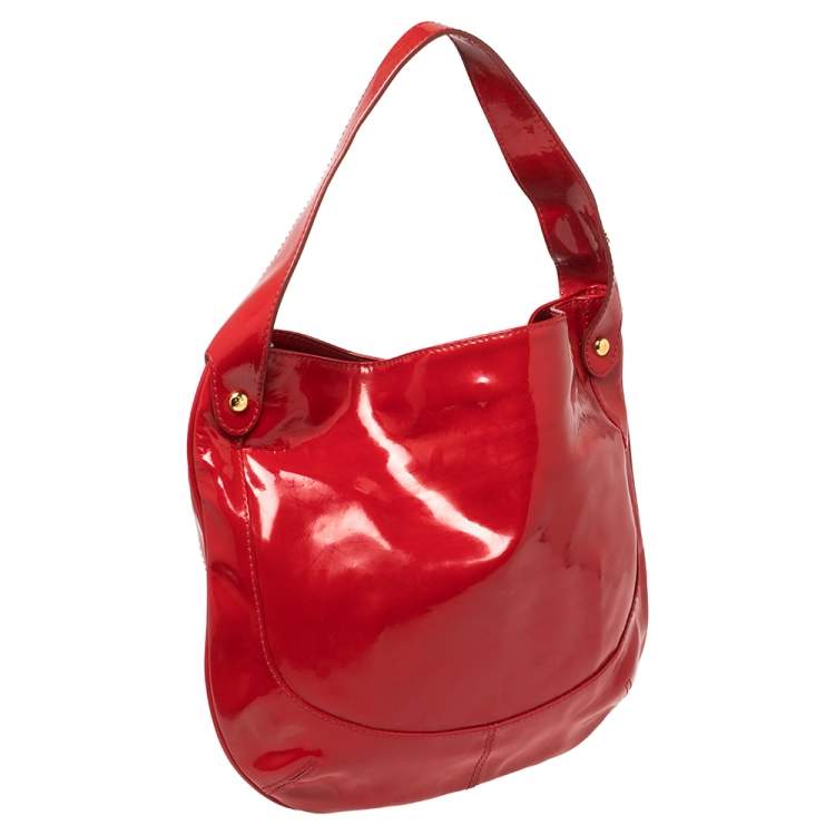 Pre Owned Roberto Cavalli Red Patent Leather Logo Hobo