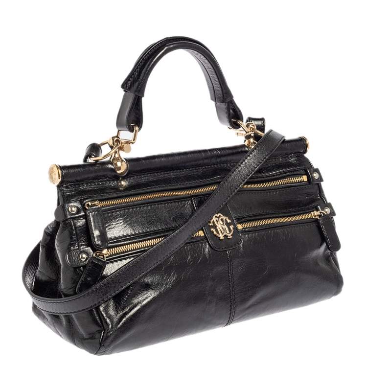 Pre Owned Roberto Cavalli Black Deerskin Leather Top Handle Bag