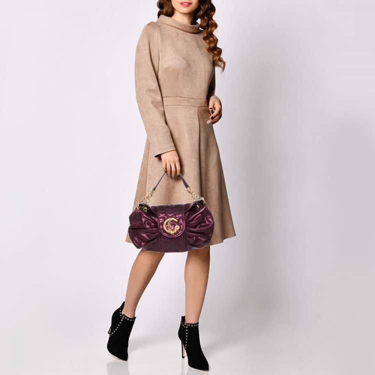 Pre Owned Roberto Cavalli Metallic Purple Pleated Leather Shoulder Bag