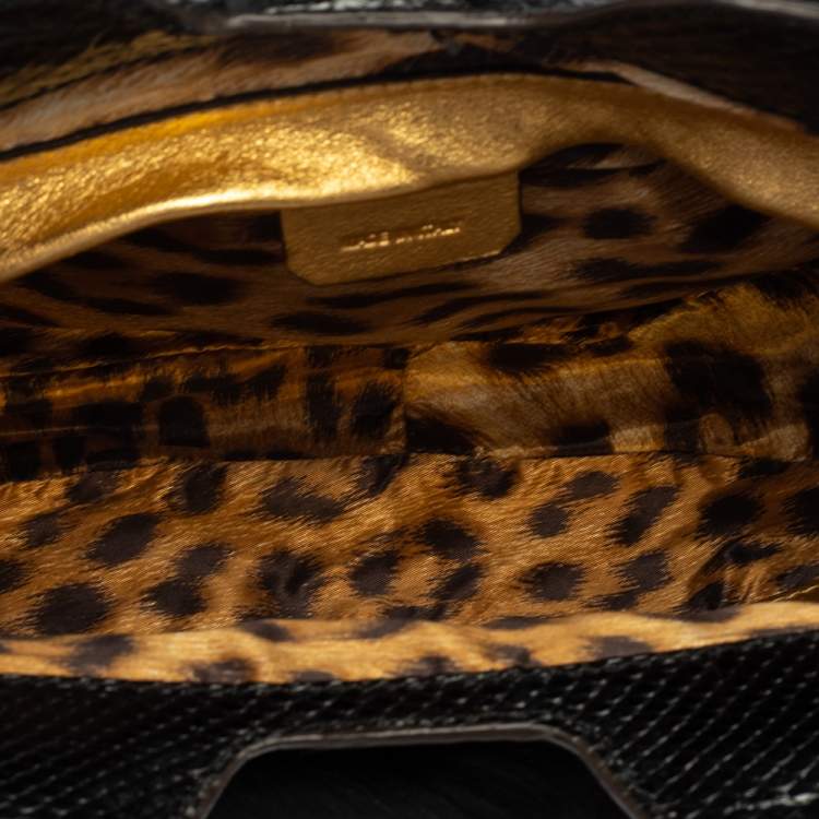 Pre Owned Roberto Cavalli Black Faux Fur and Snakeskin Flap Hobo