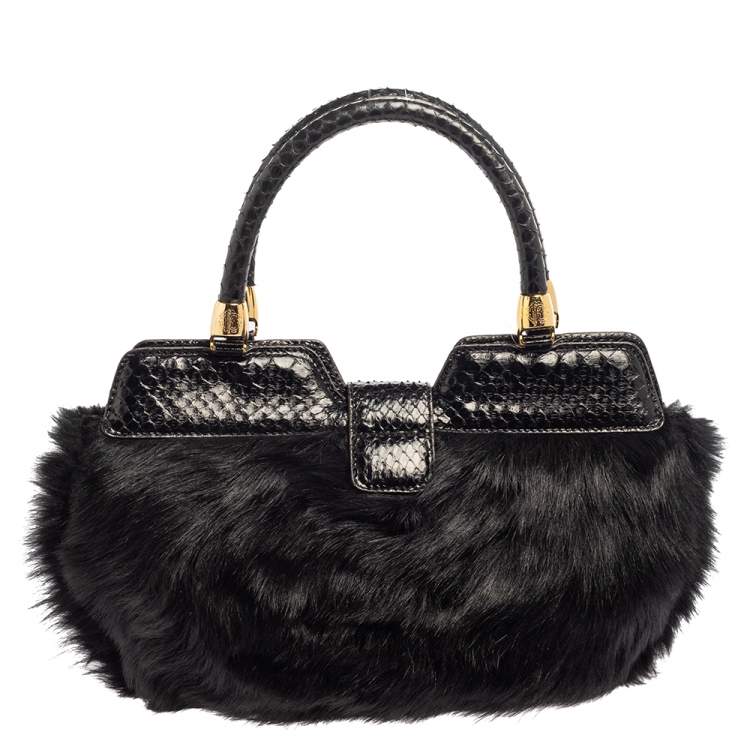 Pre Owned Roberto Cavalli Black Faux Fur and Snakeskin Flap Hobo