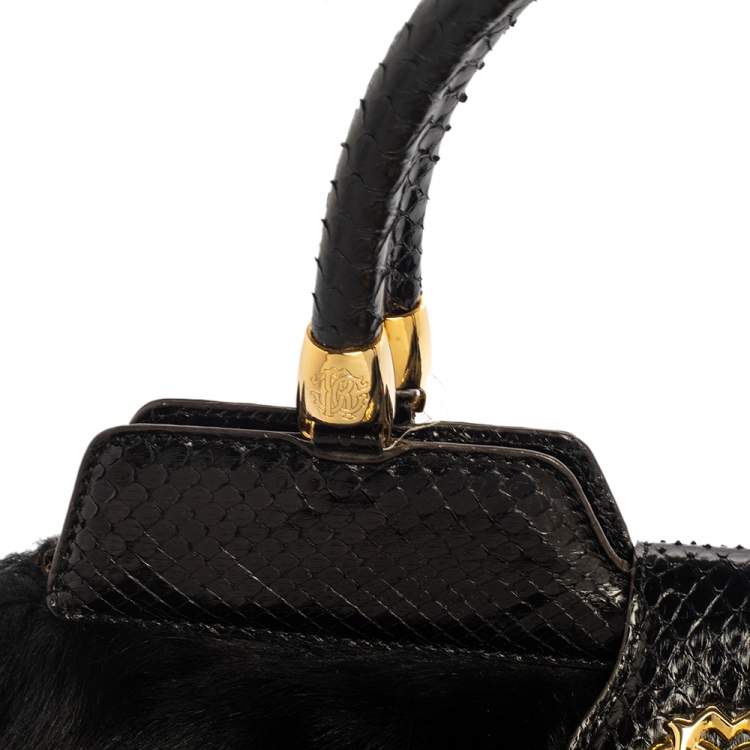 Pre Owned Roberto Cavalli Black Faux Fur and Snakeskin Flap Hobo