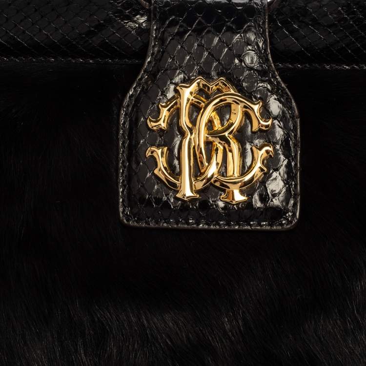 Pre Owned Roberto Cavalli Black Faux Fur and Snakeskin Flap Hobo