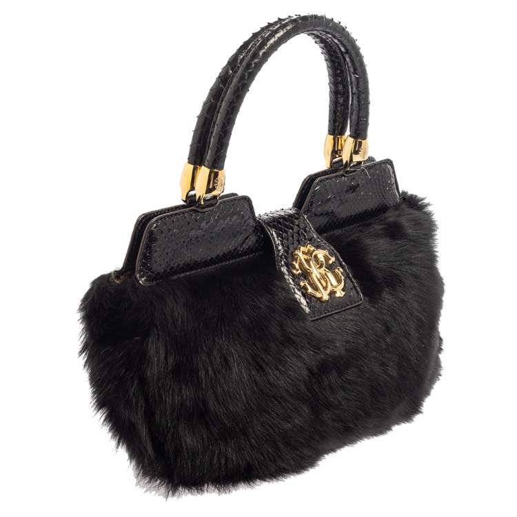 Pre Owned Roberto Cavalli Black Faux Fur and Snakeskin Flap Hobo