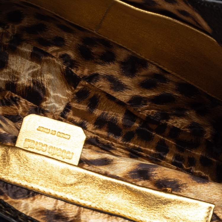 Pre Owned Roberto Cavalli Black Faux Fur and Snakeskin Flap Hobo