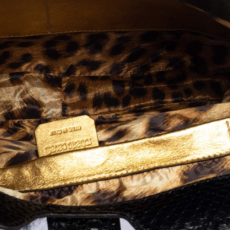 Pre Owned Roberto Cavalli Black Faux Fur and Snakeskin Flap Hobo