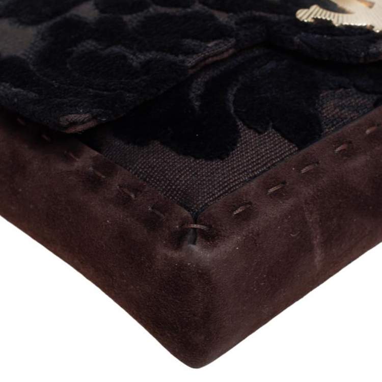 Pre Owned Roberto Cavalli Dark Brown/Black Suede and Velvet Turnlock Logo Flap Chain Bag