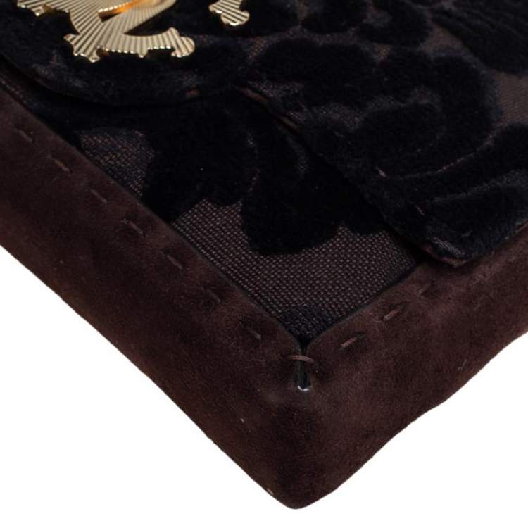 Pre Owned Roberto Cavalli Dark Brown/Black Suede and Velvet Turnlock Logo Flap Chain Bag