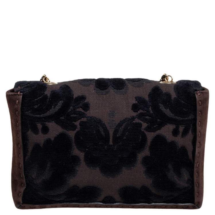 Pre Owned Roberto Cavalli Dark Brown/Black Suede and Velvet Turnlock Logo Flap Chain Bag