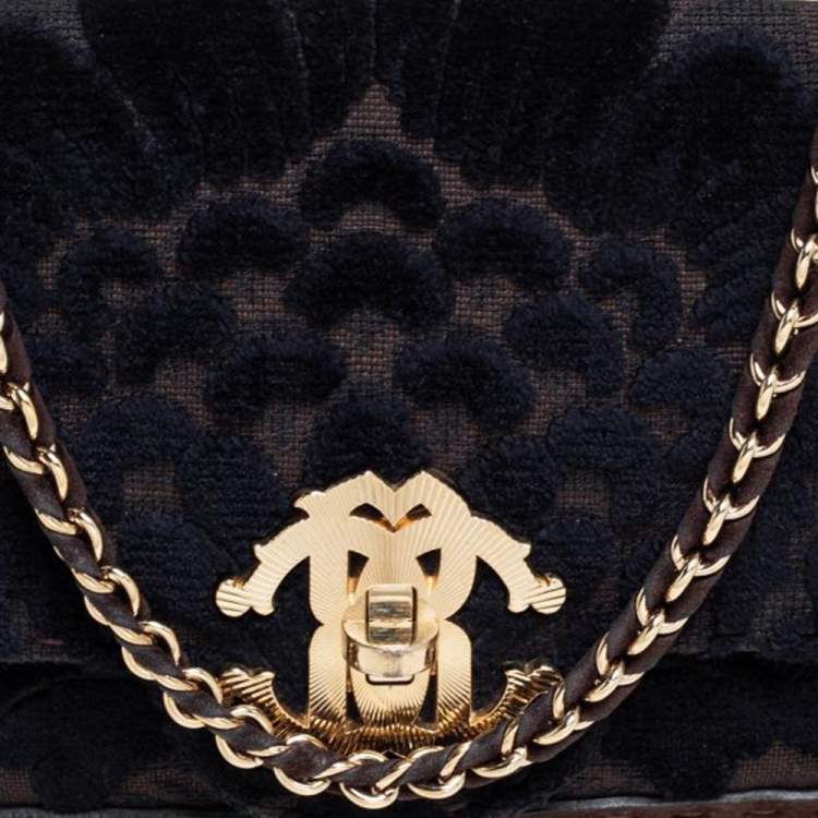 Pre Owned Roberto Cavalli Dark Brown/Black Suede and Velvet Turnlock Logo Flap Chain Bag