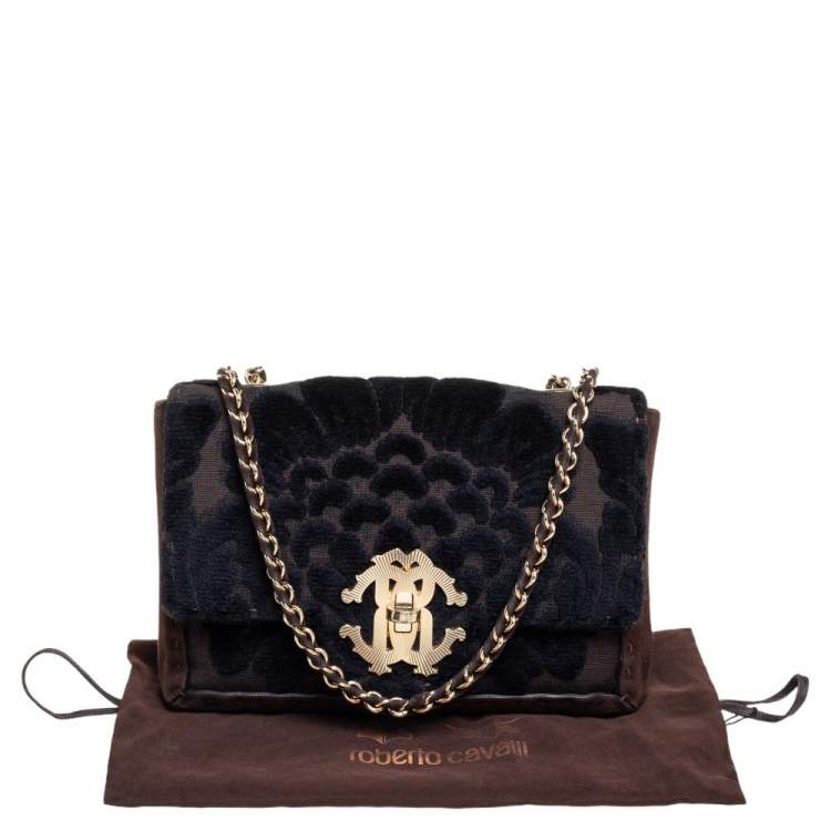 Pre Owned Roberto Cavalli Dark Brown/Black Suede and Velvet Turnlock Logo Flap Chain Bag