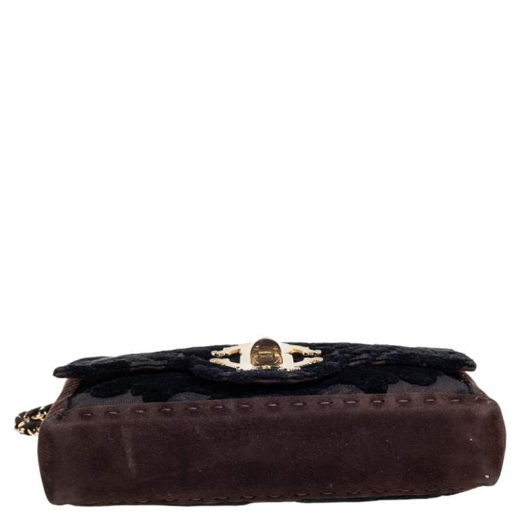 Pre Owned Roberto Cavalli Dark Brown/Black Suede and Velvet Turnlock Logo Flap Chain Bag