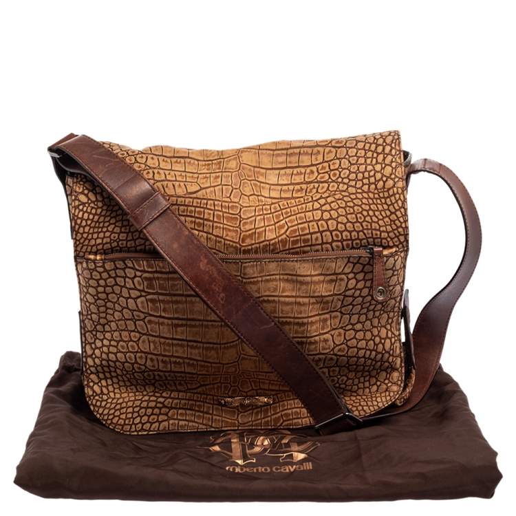 Pre Owned Roberto Cavalli Brown Croc Embossed Leather Messenger Bag