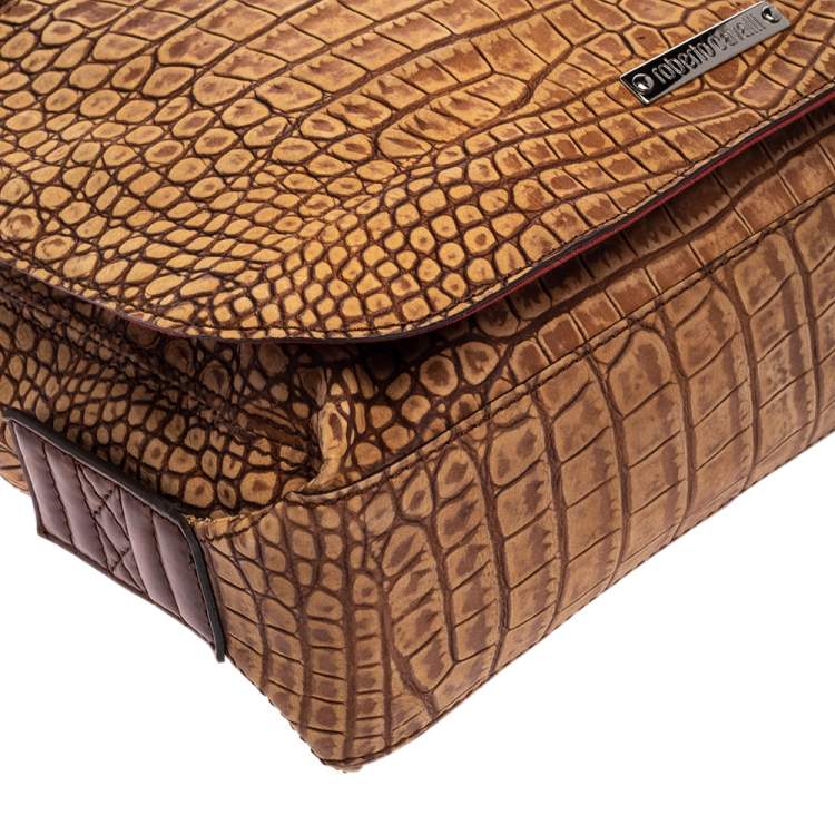 Pre Owned Roberto Cavalli Brown Croc Embossed Leather Messenger Bag