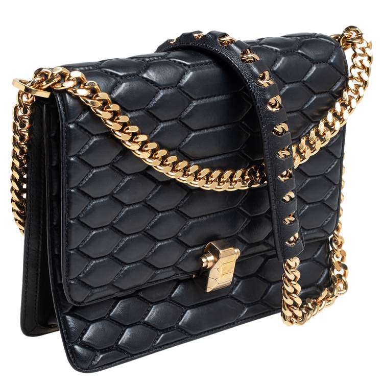Pre Owned Roberto Cavalli Black Python Quilted Leather Crossbody Bag