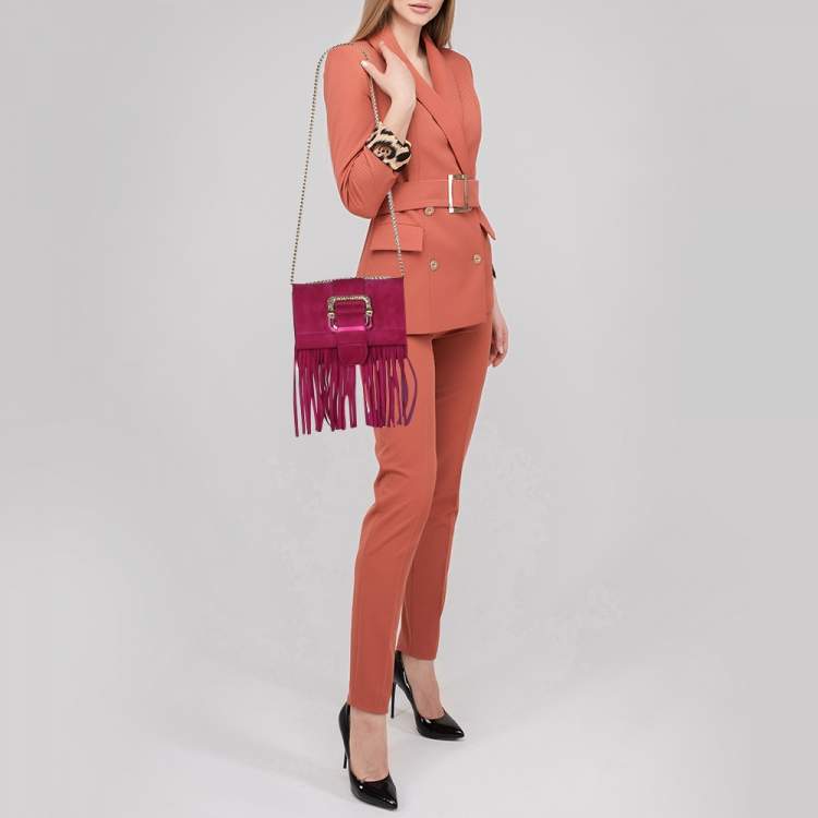 Pre Owned Roberto Cavalli Pink Suede Fringe Chain Shoulder Bag
