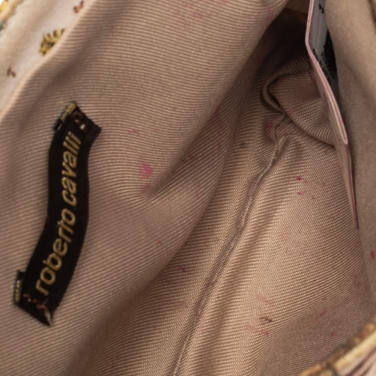 Pre Owned Roberto Cavalli Beige/Pink Print Canvas and Leather Crossbody Bag
