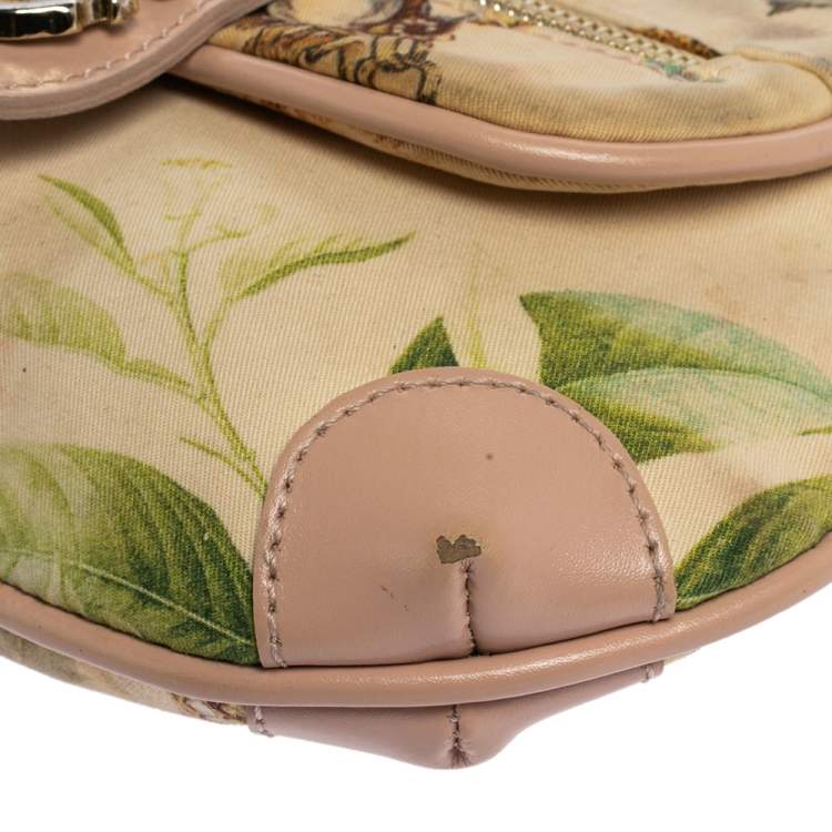 Pre Owned Roberto Cavalli Beige/Pink Print Canvas and Leather Crossbody Bag