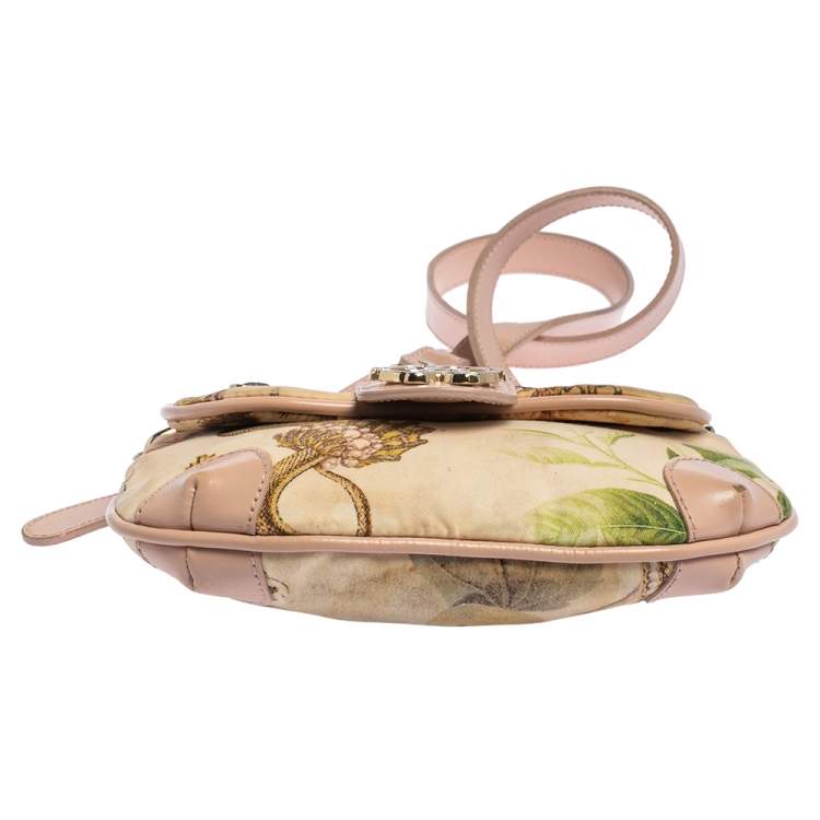 Pre Owned Roberto Cavalli Beige/Pink Print Canvas and Leather Crossbody Bag