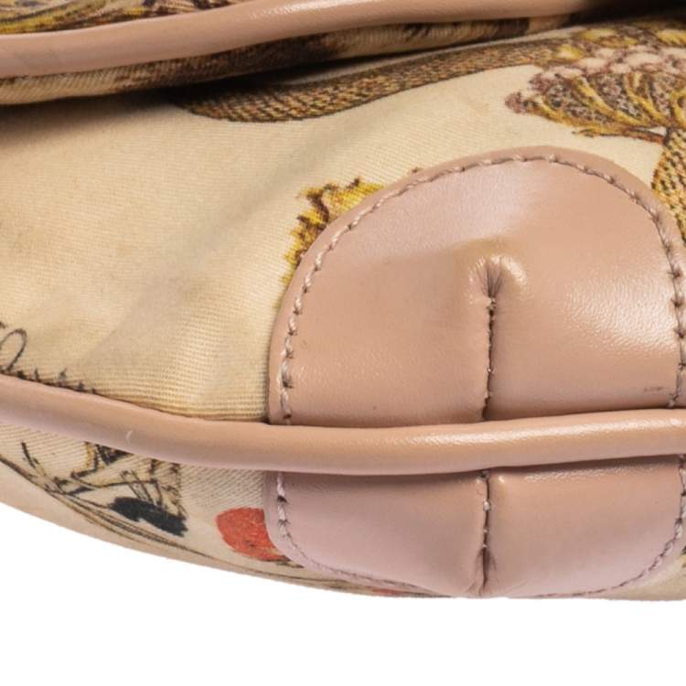 Pre Owned Roberto Cavalli Beige/Pink Print Canvas and Leather Crossbody Bag